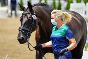 23 July 2021; Ireland's Heike Holstein with Sambuca during the Dressage 1st horse inspection at the Equestrian Park during the 2020 Tokyo Summer Olympic Games in Tokyo, Japan. Photo by Pierre Costabadie/Sportsfile