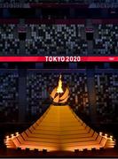 23 July 2021; The Olympic flame is lit as empty seats are seen during the 2020 Tokyo Summer Olympic Games opening ceremony at the Olympic Stadium in Tokyo, Japan. Photo by Brendan Moran/Sportsfile