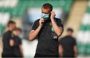 23 July 2021; Galway United goalkeeper Conor Kearns adjusts his mask as he inspects the pitch before the FAI Cup first round match between Shamrock Rovers and Galway United at Tallaght Stadium in Dublin. Photo by Ben McShane/Sportsfile