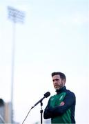 23 July 2021; Shamrock Rovers manager Stephen Bradley is interviewed before the FAI Cup first round match between Shamrock Rovers and Galway United at Tallaght Stadium in Dublin. Photo by Ben McShane/Sportsfile