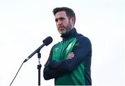 23 July 2021; Shamrock Rovers manager Stephen Bradley is interviewed before the FAI Cup first round match between Shamrock Rovers and Galway United at Tallaght Stadium in Dublin. Photo by Ben McShane/Sportsfile
