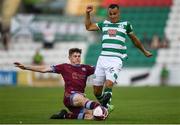 23 July 2021; Graham Burke of Shamrock Rovers is tackled by Alex Murphy of Galway United during the FAI Cup first round match between Shamrock Rovers and Galway United at Tallaght Stadium in Dublin. Photo by Ben McShane/Sportsfile