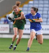 23 July 2021; Aoibheann Leahy of Meath in action against Lucy Spillane of Tipperary during the TG4 All-Ireland Senior Ladies Football Championship Group 2 Round 3 match between Meath and Tipperary at MW Hire O'Moore Park in Portlaoise, Co Laois. Photo by Matt Browne/Sportsfile