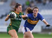 23 July 2021; Emma Troy of Meath in action against Lucy Spillane of Tipperary during the TG4 All-Ireland Senior Ladies Football Championship Group 2 Round 3 match between Meath and Tipperary at MW Hire O'Moore Park in Portlaoise, Co Laois. Photo by Matt Browne/Sportsfile *