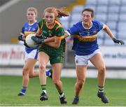 23 July 2021; Aoibheann Leahy of Meath in action against Lucy Spillane of Tipperary during the TG4 All-Ireland Senior Ladies Football Championship Group 2 Round 3 match between Meath and Tipperary at MW Hire O'Moore Park in Portlaoise, Co Laois. Photo by Matt Browne/Sportsfile *