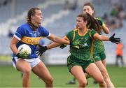 23 July 2021; Caitlin Kennedy of Tipperary in action against Emma Troy of Meath during the TG4 All-Ireland Senior Ladies Football Championship Group 2 Round 3 match between Meath and Tipperary at MW Hire O'Moore Park in Portlaoise, Co Laois. Photo by Matt Browne/Sportsfile *
