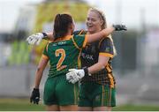 23 July 2021; Monica McGuirk and Emma Troy of Meath celebrate after the TG4 All-Ireland Senior Ladies Football Championship Group 2 Round 3 match between Meath and Tipperary at MW Hire O'Moore Park in Portlaoise, Co Laois. Photo by Matt Browne/Sportsfile