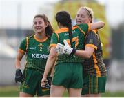 23 July 2021; Monica McGuirk, right, Emma Troy, left, and Niamh Gallogly of Meath celebrate after the TG4 All-Ireland Senior Ladies Football Championship Group 2 Round 3 match between Meath and Tipperary at MW Hire O'Moore Park in Portlaoise, Co Laois. Photo by Matt Browne/Sportsfile