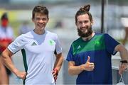 24 July 2021; Fintan McCarthy, left, and Paul O'Donovan of Ireland after finishing in 1st place in the heats of the Lightweight Men's Double Sculls at the Sea Forest Waterway during the 2020 Tokyo Summer Olympic Games in Tokyo, Japan. Photo by Seb Daly/Sportsfile