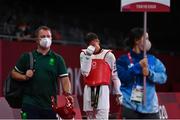24 July 2021; Jack Woolley of Ireland, reacts after defeat to Lucas Lautaro Guzman of Argentina during the men's -58Kg taekwondo round of 16 at the Makuhari Messe Hall during the 2020 Tokyo Summer Olympic Games in Tokyo, Japan. Photo by Brendan Moran/Sportsfile