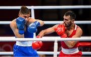24 July 2021; Necat Ekinci of Turkey and Aliaksandr Radzionau of Belarus during their Men's Welterweight round of 32 bout at the Kokugikan Arena during the 2020 Tokyo Summer Olympic Games in Tokyo, Japan. Photo by Stephen McCarthy/Sportsfile