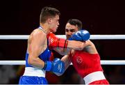24 July 2021; Necat Ekinci of Turkey and Aliaksandr Radzionau of Belarus during their Men's Welterweight round of 32 bout at the Kokugikan Arena during the 2020 Tokyo Summer Olympic Games in Tokyo, Japan. Photo by Stephen McCarthy/Sportsfile