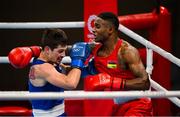 24 July 2021; Wyatt Sanford of Canada, left, and Merven Clair of Mauritius during their Men's Welterweight round of 32 bout at the Kokugikan Arena during the 2020 Tokyo Summer Olympic Games in Tokyo, Japan. Photo by Stephen McCarthy/Sportsfile