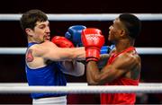 24 July 2021; Wyatt Sanford of Canada, left, and Merven Clair of Mauritius during their Men's Welterweight round of 32 bout at the Kokugikan Arena during the 2020 Tokyo Summer Olympic Games in Tokyo, Japan. Photo by Stephen McCarthy/Sportsfile