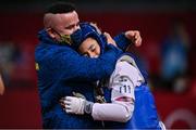 24 July 2021; Andrea Ramirez of Colombia celebrates with her coach Cito Rene Forero after defeating Kristina Tomic of Croatia in their women's -49Kg taekwondo round of 16 at the Makuhari Messe Hall during the 2020 Tokyo Summer Olympic Games in Tokyo, Japan. Photo by Brendan Moran/Sportsfile