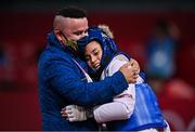 24 July 2021; Andrea Ramirez of Colombia celebrates with her coach Cito Rene Forero after defeating Kristina Tomic of Croatia in their women's -49Kg taekwondo round of 16 at the Makuhari Messe Hall during the 2020 Tokyo Summer Olympic Games in Tokyo, Japan. Photo by Brendan Moran/Sportsfile