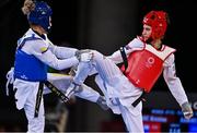 24 July 2021; Andrea Ramirez of Colombia, left, and Kristina Tomic of Croatia in action during their women's -49Kg taekwondo round of 16 at the Makuhari Messe Hall during the 2020 Tokyo Summer Olympic Games in Tokyo, Japan. Photo by Brendan Moran/Sportsfile