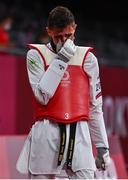 24 July 2021; Jack Woolley of Ireland reacts after defeat to Lucas Lautaro Guzman of Argentina in the men's -58Kg taekwondo round of 16 at the Makuhari Messe Hall during the 2020 Tokyo Summer Olympic Games in Tokyo, Japan. Photo by Brendan Moran/Sportsfile