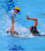 24 July 2021; Kako Kawaguchi of Japan and Madeline Musselman of USA in action during the Women's Preliminary Round Group B match between Japan and United States at the Tatsumi Water Polo Centre during the 2020 Tokyo Summer Olympic Games in Tokyo, Japan. Photo by Ramsey Cardy/Sportsfile