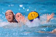 24 July 2021; Aria Fischer of USA and Yumi Arima of Japan in action during the Women's Preliminary Round Group B match between Japan and United States at the Tatsumi Water Polo Centre during the 2020 Tokyo Summer Olympic Games in Tokyo, Japan. Photo by Ramsey Cardy/Sportsfile