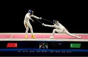 24 July 2021; Ana Maria Popescu of Romania, left, and Katrina Lehis of Estonia during the Women's Épée Individual Semi-Final at Makuhari Messe Hall during the 2020 Tokyo Summer Olympic Games in Tokyo, Japan. Photo by Stephen McCarthy/Sportsfile