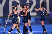 24 July 2021; Roisin Upton of Ireland, second from left, celebrates with team-mates after scoring her side's first goal during the Women's Pool A Group Stage match between Ireland and South Africa at the Oi Hockey Stadium during the 2020 Tokyo Summer Olympic Games in Tokyo, Japan. Photo by Ramsey Cardy/Sportsfile