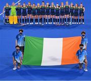 24 July 2021; The Ireland team during the playing of Amhrán na bhFiann before the Women's Pool A Group Stage match between Ireland and South Africa at the Oi Hockey Stadium during the 2020 Tokyo Summer Olympic Games in Tokyo, Japan. Photo by Ramsey Cardy/Sportsfile