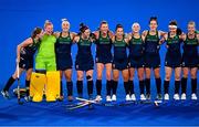 24 July 2021; Team Ireland stand for Amhrán na bhFiann ahead of their Women's Pool A Group Stage match between Ireland and South Africa at the Oi Hockey Stadium during the 2020 Tokyo Summer Olympic Games in Tokyo, Japan. Photo by Ramsey Cardy/Sportsfile