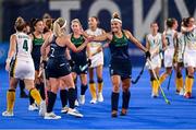 24 July 2021; Ireland players, from right, Lena Tice and Chloe Watkins celebrate following victory in the Women's Pool A Group Stage match between Ireland and South Africa at the Oi Hockey Stadium during the 2020 Tokyo Summer Olympic Games in Tokyo, Japan. Photo by Ramsey Cardy/Sportsfile
