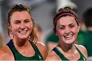 24 July 2021; Ireland players Deirdre Duke, left, and Roisin Upton celebrate following victory in the Women's Pool A Group Stage match between Ireland and South Africa at the Oi Hockey Stadium during the 2020 Tokyo Summer Olympic Games in Tokyo, Japan. Photo by Ramsey Cardy/Sportsfile