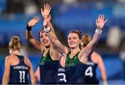 24 July 2021; Ireland players Roisin Upton, right, and Hannah McLoughlin celebrate following victory in the Women's Pool A Group Stage match between Ireland and South Africa at the Oi Hockey Stadium during the 2020 Tokyo Summer Olympic Games in Tokyo, Japan. Photo by Ramsey Cardy/Sportsfile