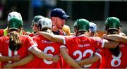 24 July 2021; Cork manager Mark McCarthy speaks to his players ahead of the All Ireland Intermediate Camogie Championship match between Kildare and Cork at Manguard Plus Kildare GAA Centre of Excellence in Newbridge, Kildare. Photo by Daire Brennan/Sportsfile