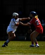 24 July 2021; Emme Kielty of Kildare in action against Jillian O’Leary of Cork during the All Ireland Intermediate Camogie Championship match between Kildare and Cork at Manguard Plus Kildare GAA Centre of Excellence in Newbridge, Kildare. Photo by Daire Brennan/Sportsfile