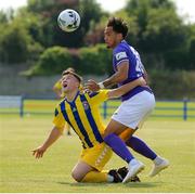 24 July 2021; Russell Quirke of Fairview Rangers in action against Will Seymore of Finn Harps during the FAI Cup First Round match between Fairview Rangers and Finn Harps at Fairview Rangers AFC in Limerick. Photo by Michael P Ryan/Sportsfile