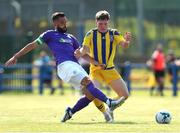 24 July 2021; David Webster of Finn Harps in action against Conor Coughlan of Fairview Rangers during the FAI Cup First Round match between Fairview Rangers and Finn Harps at Fairview Rangers AFC in Limerick. Photo by Michael P Ryan/Sportsfile