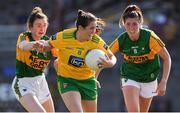24 July 2021; Katy Herron of Donegal in action against Cáit Lynch and Lorraine Scanlon of Kerry during the TG4 All-Ireland Senior Ladies Football Championship Group 4 Round 3 match between Donegal and Kerry at Tuam Stadium in Galway. Photo by Matt Browne/Sportsfile