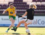 24 July 2021; Katy Herron of Donegal shoots to score her side's second goal past Kerry goalkeeper Ciara Butler during the TG4 All-Ireland Senior Ladies Football Championship Group 4 Round 3 match between Donegal and Kerry at Tuam Stadium in Galway. Photo by Matt Browne/Sportsfile