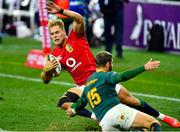 24 July 2021; Duhan van der Merwe of British and Irish Lions is tackled by Willie le Roux of South Africa during the first test of the British and Irish Lions tour match between South Africa and British and Irish Lions at Cape Town Stadium in Cape Town, South Africa. Photo by Ashley Vlotman/Sportsfile