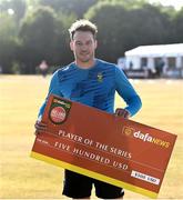 24 July 2021; David Miller of South Africa with the player of the series award after they won the Men's T20 International series between Ireland and South Africa at Stormont in Belfast. Photo by David Fitzgerald/Sportsfile