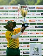 24 July 2021; South Africa captain Temba Bavuma lifts the cup after they won the Men's T20 International series between Ireland and South Africa at Stormont in Belfast. Photo by David Fitzgerald/Sportsfile
