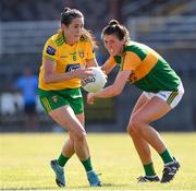 24 July 2021; Katy Herron of Donegal in action against Lorraine Scanlon of Kerry during the TG4 All-Ireland Senior Ladies Football Championship Group 4 Round 3 match between Donegal and Kerry at Tuam Stadium in Galway. Photo by Matt Browne/Sportsfile