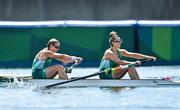 25 July 2021; Aileen Crowley, left, and Monika Dukarska of Ireland on their way to finishing in 3rd place during the Women's Pair repechage at the Sea Forest Waterway during the 2020 Tokyo Summer Olympic Games in Tokyo, Japan. Photo by Seb Daly/Sportsfile
