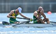25 July 2021; Luc Daffarn, left, and Jake Green of South Africa react after finishing last in their Men's Pair repechage at the Sea Forest Waterway during the 2020 Tokyo Summer Olympic Games in Tokyo, Japan. Photo by Seb Daly/Sportsfile