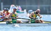 25 July 2021; Luc Daffarn, left, and Jake Green of South Africa react after finishing last in their Men's Pair repechage at the Sea Forest Waterway during the 2020 Tokyo Summer Olympic Games in Tokyo, Japan. Photo by Seb Daly/Sportsfile
