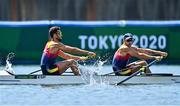25 July 2021; Jaime Canalejo Pazos, left, and Javier Garcia Ordonez of Spain on their way to winning the Men's Pair repechage at the Sea Forest Waterway during the 2020 Tokyo Summer Olympic Games in Tokyo, Japan. Photo by Seb Daly/Sportsfile