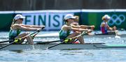 25 July 2021; Aoife Casey, left, and Margaret Cremen of Ireland on their way to finishing in 3rd place during the Women's Lightweight Double Sculls repechage at the Sea Forest Waterway during the 2020 Tokyo Summer Olympic Games in Tokyo, Japan. Photo by Seb Daly/Sportsfile