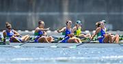 25 July 2021; Valentina Iseppi, Alessandra Montesano, Veronica Lisi and Stefania Gobbi of Italy celebrate after finishing in 2nd place in the Women's Quadruple Sculls repechage at the Sea Forest Waterway during the 2020 Tokyo Summer Olympic Games in Tokyo, Japan. Photo by Seb Daly/Sportsfile