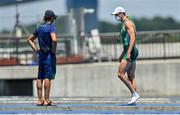 25 July 2021; Philip Doyle of Ireland, right, with coach Giuseppe Devita, after finishing in last place with team-mate Ronan Byrne in the Men's Double Skulls semi-finals A/B at the Sea Forest Waterway during the 2020 Tokyo Summer Olympic Games in Tokyo, Japan. Photo by Seb Daly/Sportsfile