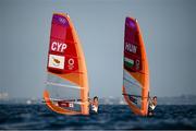25 July 2021; Natasha Lappa of Cyprus, left, and Sara Cholnoky of Hungary in action during the Women's Windsurfer races at the Enoshima Yacht Harbour during the 2020 Tokyo Summer Olympic Games in Tokyo, Japan. Photo by Stephen McCarthy/Sportsfile