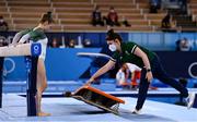 25 July 2021; Megan Ryan of Ireland with Team Ireland gymnastics coach Emma Hamill during women's artistic gymnastics all-round qualification at the Ariake Gymnastics Centre during the 2020 Tokyo Summer Olympic Games in Tokyo, Japan. Photo by Brendan Moran/Sportsfile